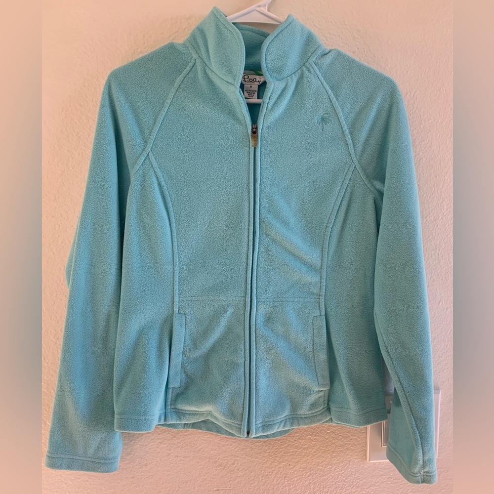 Lilly Pulitzer Jacket Size S Vintage Turquoise Full Zip Fleece Palm Tree Logo